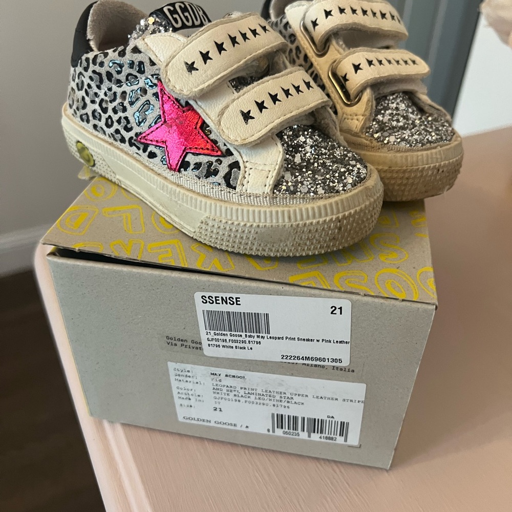 Golden Goose Glitter Leopard Baby Shoes with Pink Star